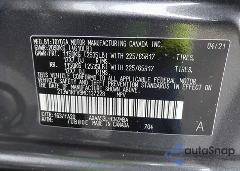 2021 Toyota Rav4 Xle из США, поврежденный, VIN 2T3W1RFV9MC137228